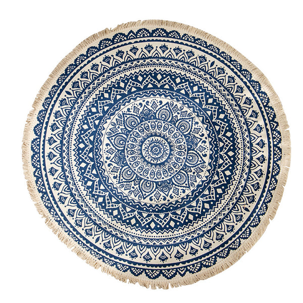 Dark Blue Carpet Soft Linen Bohemian Non-Slip Floor Retro Minimalist Round Rug Home Decor with Tassels