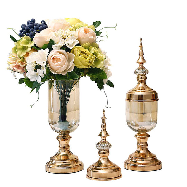 2X Clear Glass Flower Vase with Lid and White Flower Filler Vase Gold Set