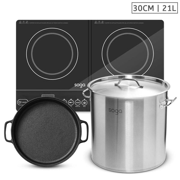 Dual Burners Cooktop Stove, 30cm Cast Iron Skillet and 21L Stainless Steel Stockpot 30cm