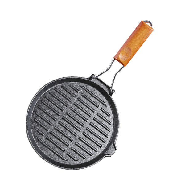 24cm Round Ribbed Cast Iron Steak Frying Grill Skillet Pan with Folding Wooden Handle