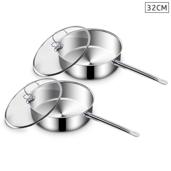 2X 32cm Stainless Steel Saucepan Sauce pan with Glass Lid and Helper Handle Triple Ply Base Cookware