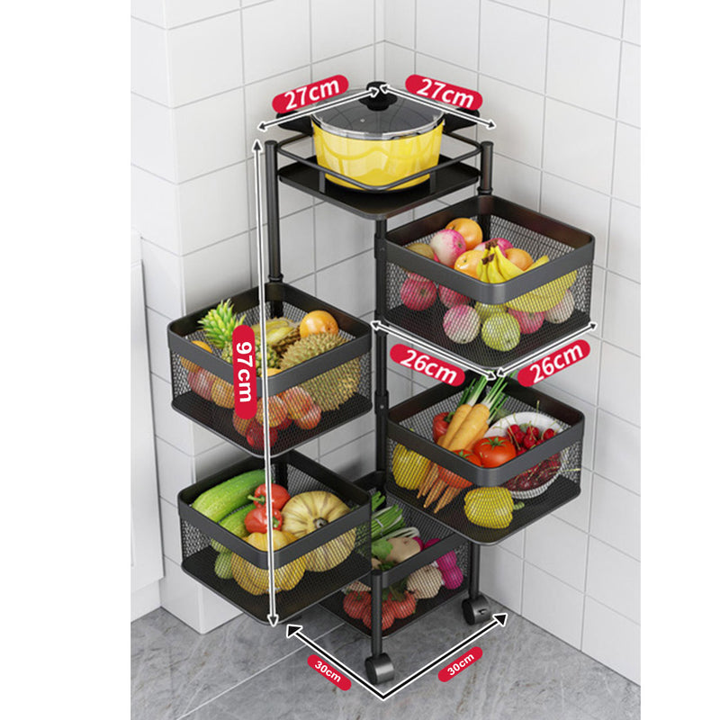 5 Tier Steel Square Rotating Kitchen Cart Multi-Functional Shelves Portable Storage Organizer with Wheels