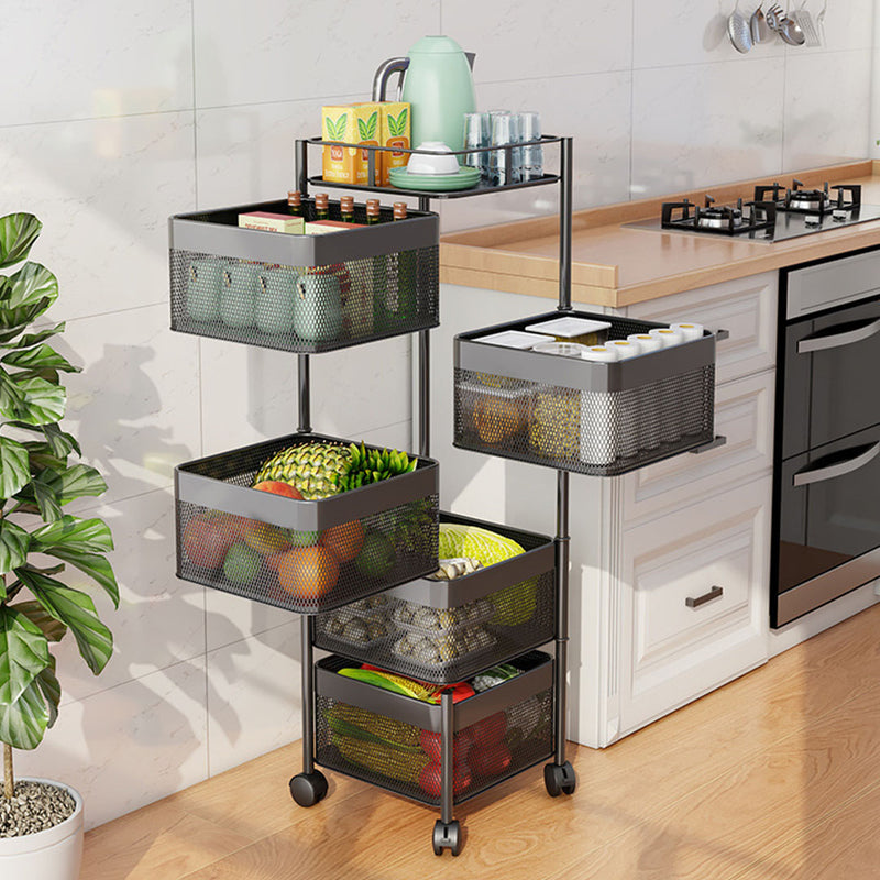 5 Tier Steel Square Rotating Kitchen Cart Multi-Functional Shelves Portable Storage Organizer with Wheels