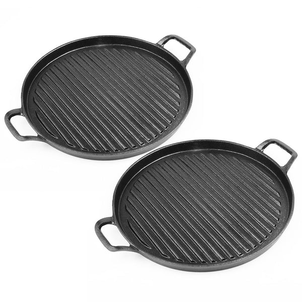 2X 28cm Ribbed Cast Iron Frying Pan Skillet Coating Steak Sizzle Platter