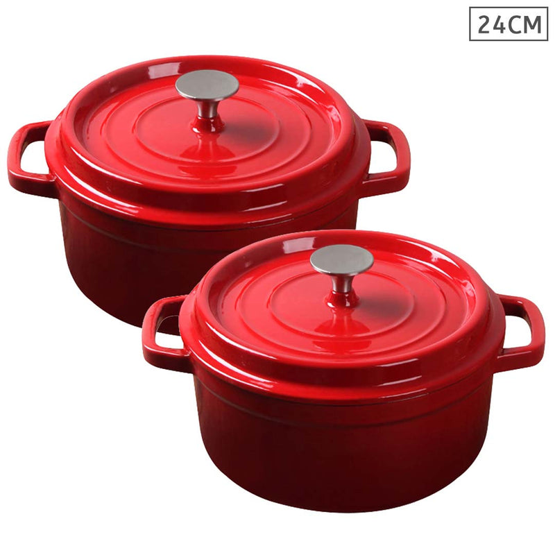 2X Cast Iron 24cm Enamel Porcelain Stewpot Casserole Stew Cooking Pot With Lid Red