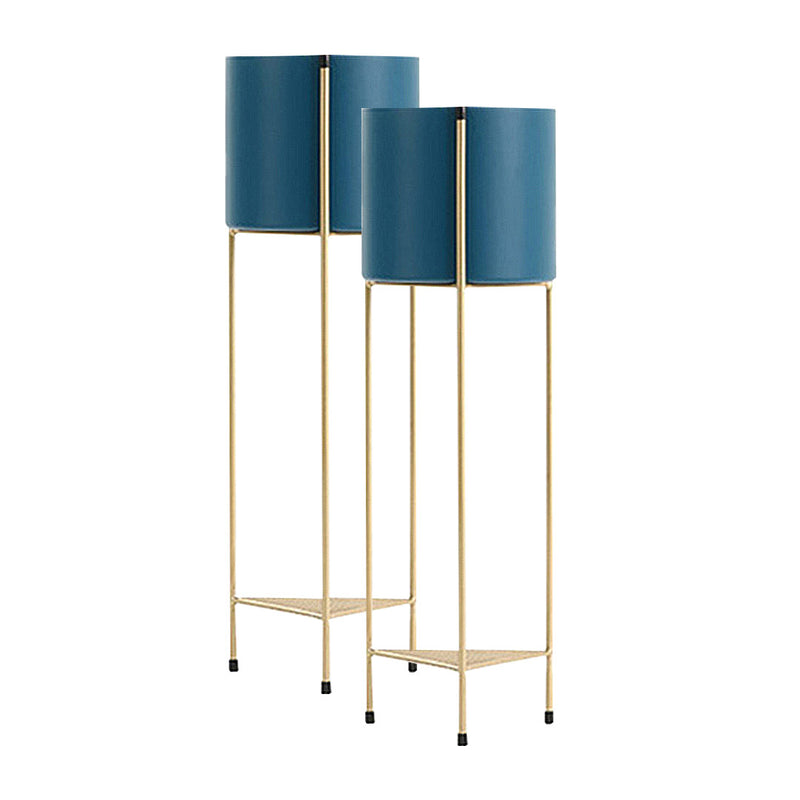 2X 2 Layer 65cm Gold Metal Plant Stand with Blue Flower Pot Holder Corner Shelving Rack Indoor Display