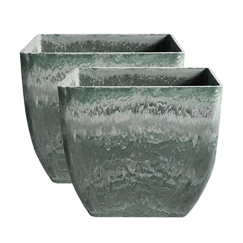 2X 27cm Green Grey Square Resin Plant Flower Pot in Cement Pattern Planter Cachepot for Indoor Home Office