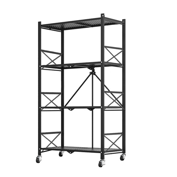 4 Tier Steel Black Foldable Display Stand Multi-Functional Shelves Portable Storage Organizer with Wheels