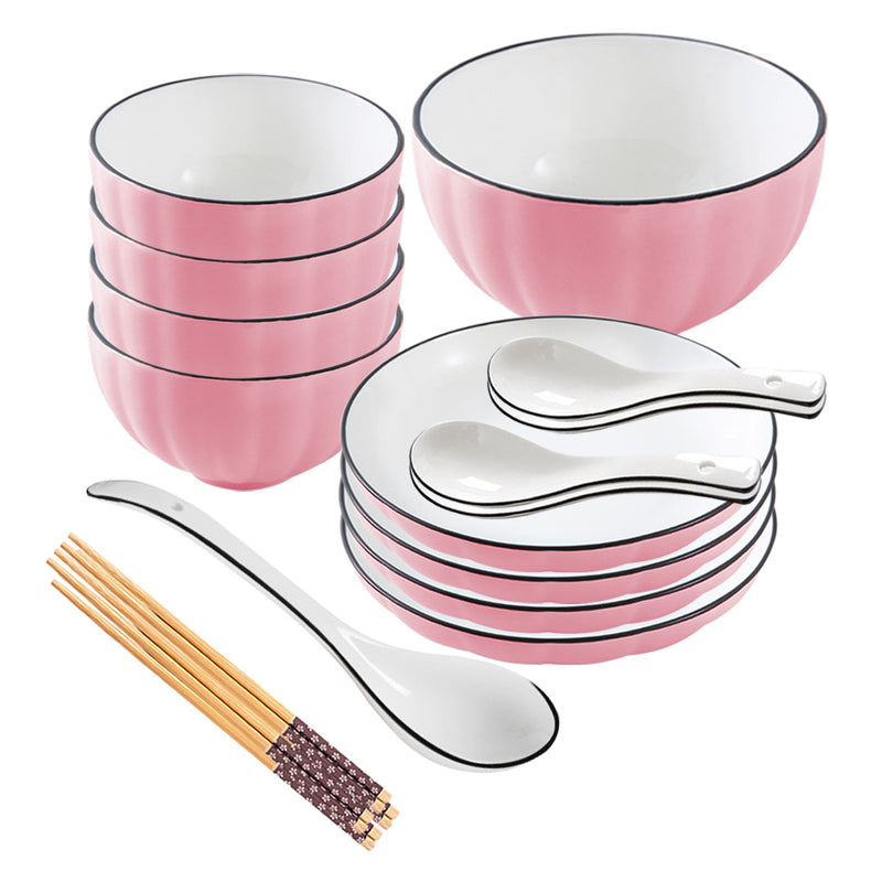 Pink Japanese Style Ceramic Dinnerware Crockery Soup Bowl Plate Server Kitchen Home Decor Set of 9