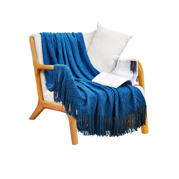 Royal Blue Diamond Pattern Knitted Throw Blanket Warm Cozy Woven Cover Couch Bed Sofa Home Decor with Tassels