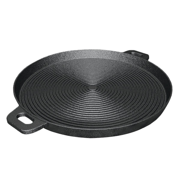 35cm Round Ribbed Cast Iron Frying Pan Skillet Steak Sizzle Platter with Handle