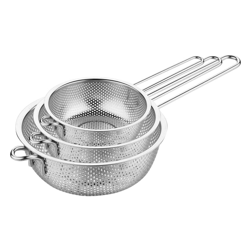 Stainless Steel Perforated Colander Fine Mesh Net Food Strainer Basket with Handle Skimmer Sieve Set