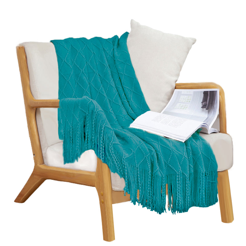 Teal Diamond Pattern Knitted Throw Blanket Warm Cozy Woven Cover Couch Bed Sofa Home Decor with Tassels