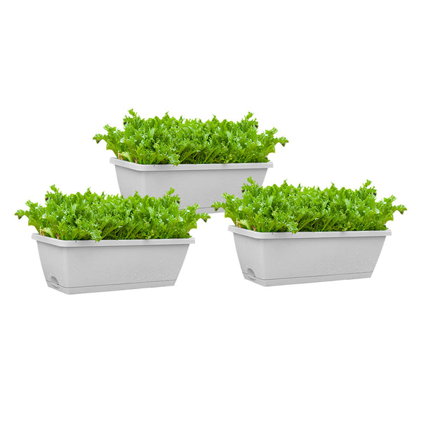 49.5cm White Rectangular Planter Vegetable Herb Flower Outdoor Plastic Box with Holder Balcony Garden Decor Set of 3