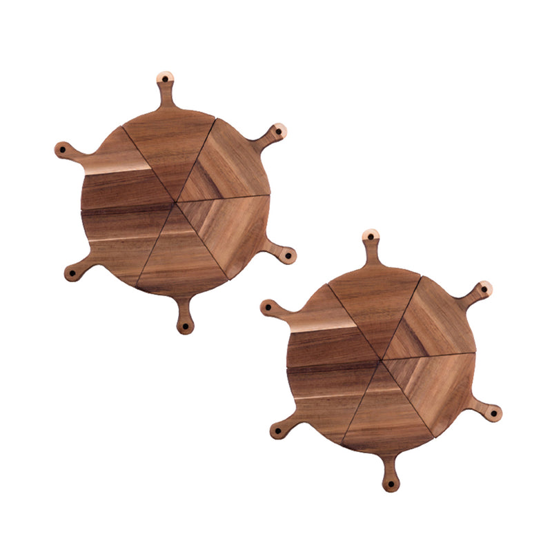 2X  6 pcs Brown Round Divisible Wood Pizza Server Food Plate Board Pizza Paddle Cutting Board Home Decor