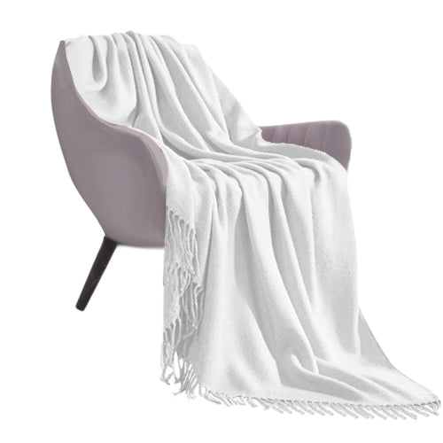 White Acrylic Knitted Throw Blanket Solid Fringed Warm Cozy Woven Cover Couch Bed Sofa Home Decor