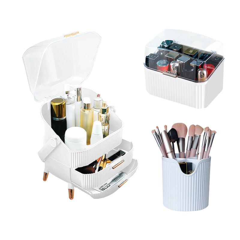 White Cosmetic Jewelry Storage Organiser Set Makeup Brush Lipstick Skincare Holder Jewelry Storage Box with Handle