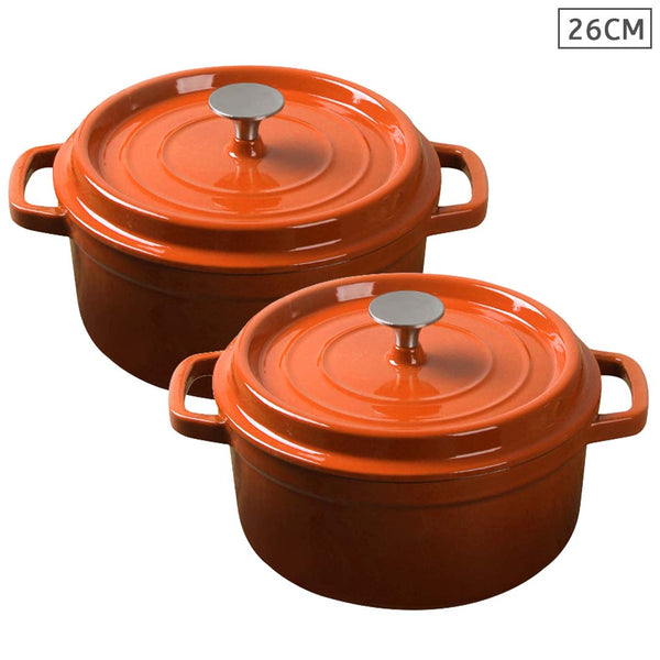 2X Cast Iron 26cm Enamel Porcelain Stewpot Casserole Stew Cooking Pot With Lid Orange