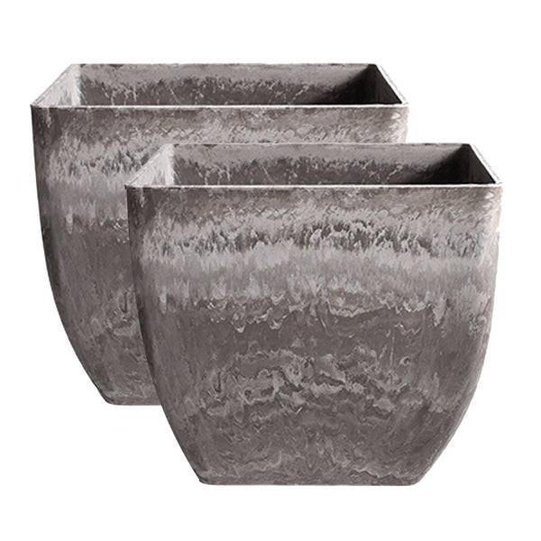 2X 27cm Rock Grey Square Resin Plant Flower Pot in Cement Pattern Planter Cachepot for Indoor Home Office