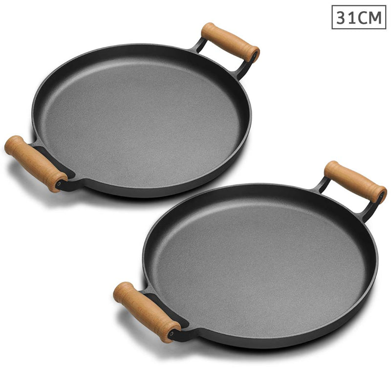 2X 31cm Cast Iron Frying Pan Skillet Steak Sizzle Fry Platter With Wooden Handle No Lid