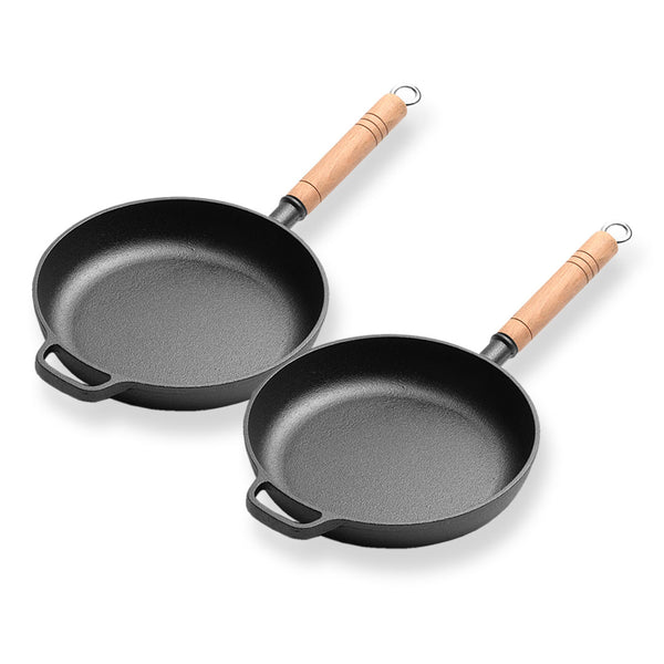 2X 27cm Round Cast Iron Frying Pan Skillet Steak Sizzle Platter with Helper Handle