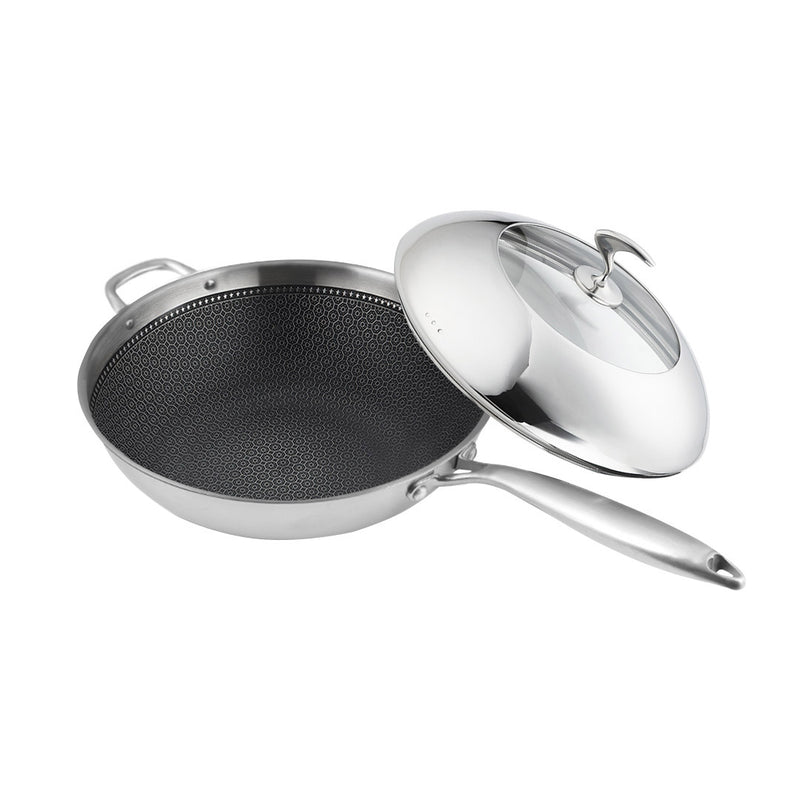 18/10 Stainless Steel Fry Pan 32cm Frying Pan Top Grade Non Stick Interior Skillet with Helper Handle and Lid