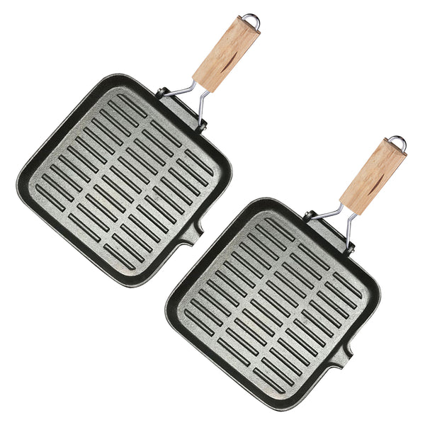 2X 24cm Ribbed Cast Iron Square Steak Frying Grill Skillet Pan with Folding Wooden Handle