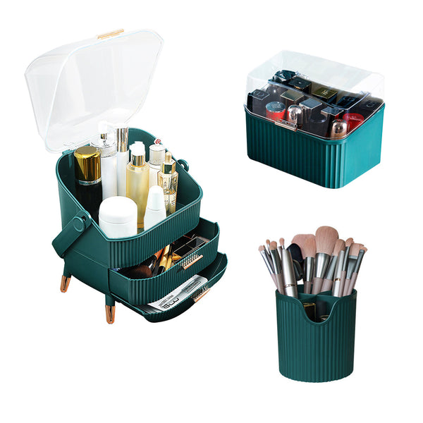 Green Cosmetic Jewelry Storage Organiser Set Makeup Brush Lipstick Skincare Holder Jewelry Storage Box with Handle