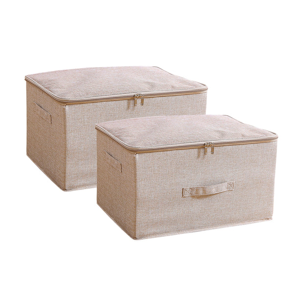 2X Beige Large Portable Double Zipper Storage Box Moisture Proof Clothes Basket Foldable Home Organiser
