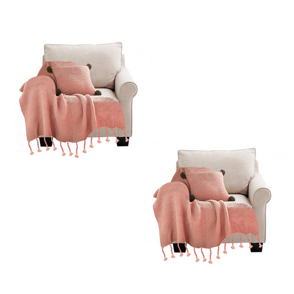 2X Pink Tassel Fringe Knitting Blanket Warm Cozy Woven Cover Couch Bed Sofa Home Decor