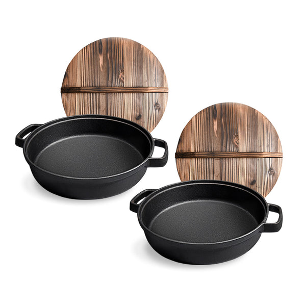 2X 33cm Round Cast Iron Pre-seasoned Deep Baking Pizza Frying Pan Skillet with Wooden Lid