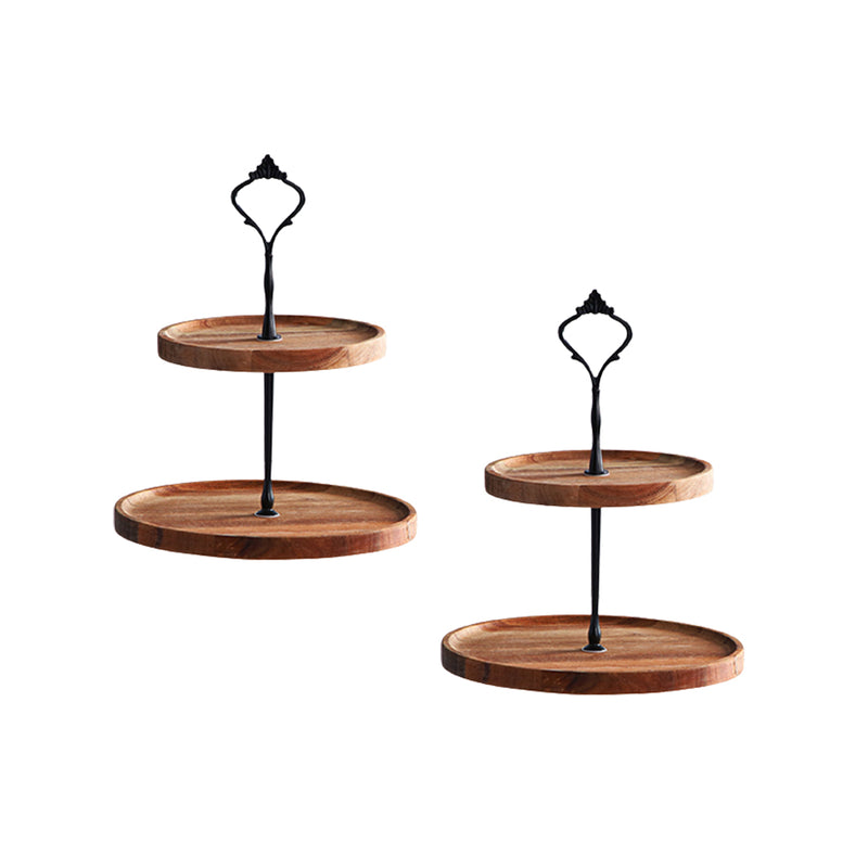 2X 15cm 2 Tier  Brown Round Wooden Acacia Dessert Tray Cake Snacks Cupcake Stand Buffet Serving Countertop Decor