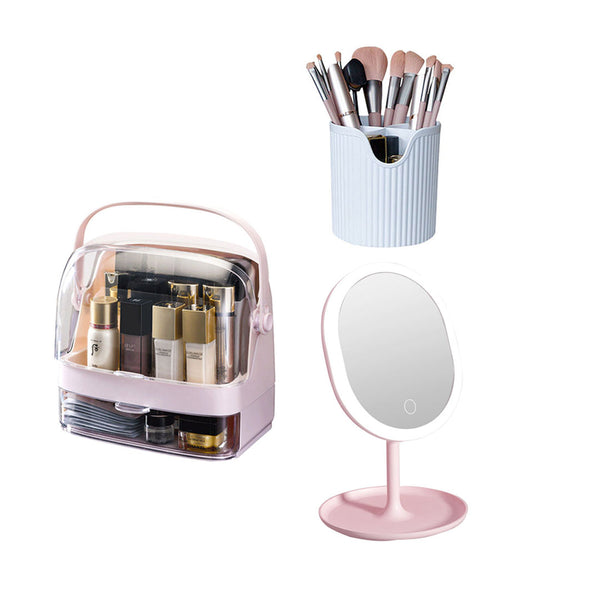 2 Tier Pink Countertop Cosmetic Makeup Brush Lipstick Holder Organiser and 20cm Rechargeable LED Light Tabletop Mirror Set