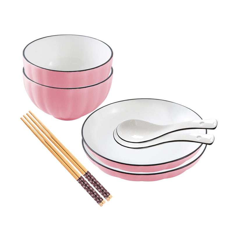 Pink Japanese Style Ceramic Dinnerware Crockery Soup Bowl Plate Server Kitchen Home Decor Set of 4