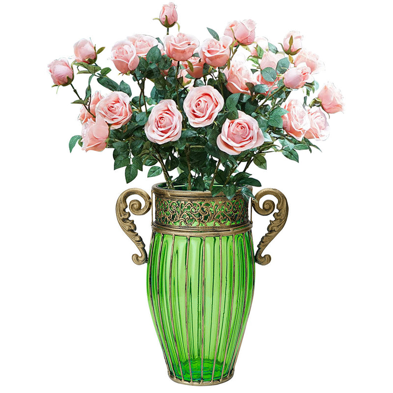 Green Glass Flower Vase with 8 Bunch 5 Heads Artificial Fake Silk Rose Home Decor Set