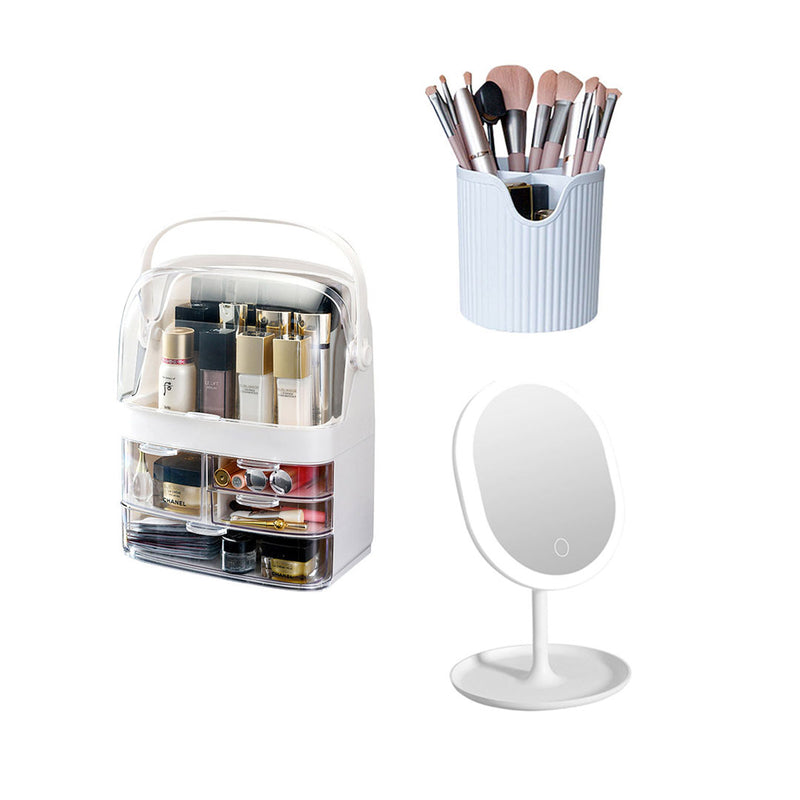 3 Tier White Countertop Cosmetic Makeup Brush Lipstick Holder Organiser and 20cm Rechargeable LED Light Tabletop Mirror Set