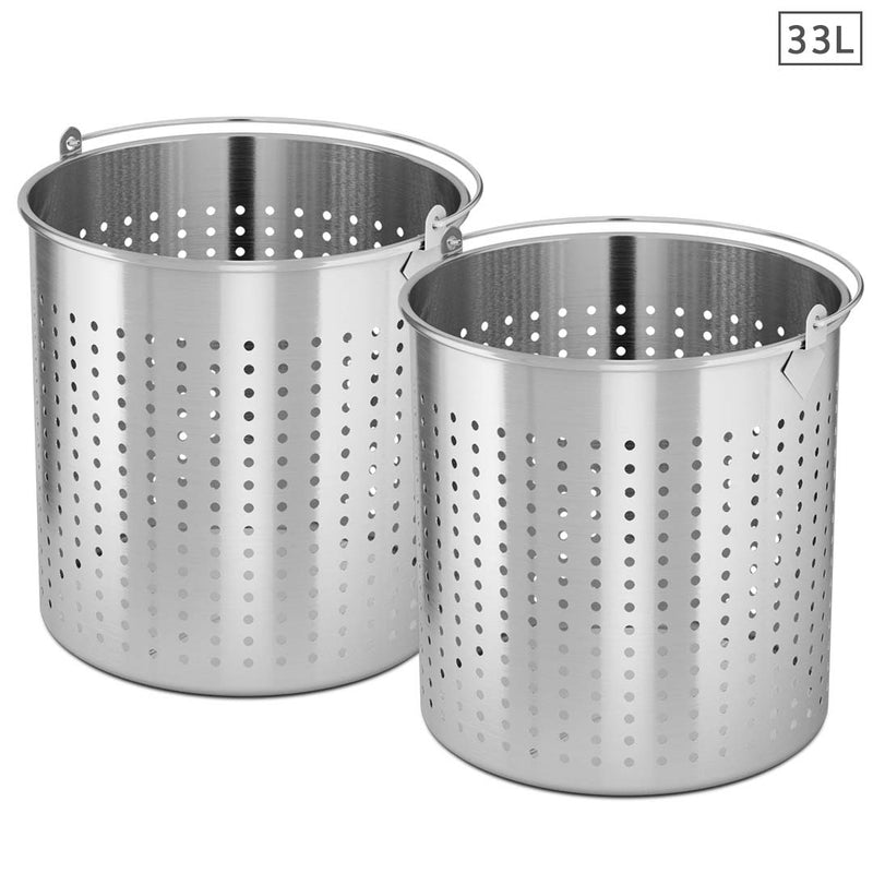 2X 33L 18/10 Stainless Steel Perforated Stockpot Basket Pasta Strainer with Handle