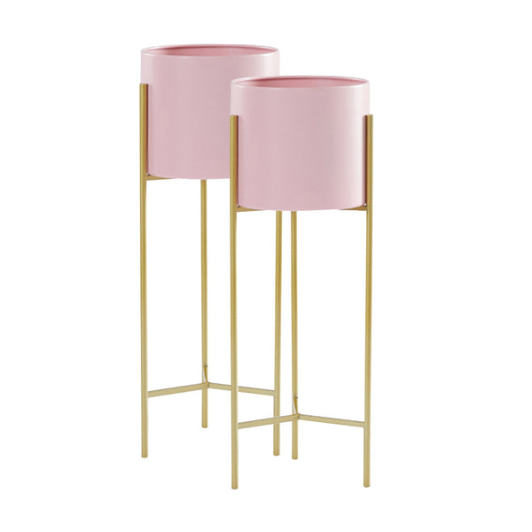 2X 2 Layer 42cm Gold Metal Plant Stand with Pink Flower Pot Holder Corner Shelving Rack Indoor Display