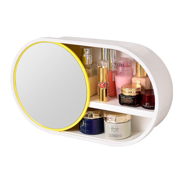 39cm Oval Wall-Mounted Mirror Storage Box Vanity Mirror Rack Bathroom Adhesive Shelf Home Organiser Decor