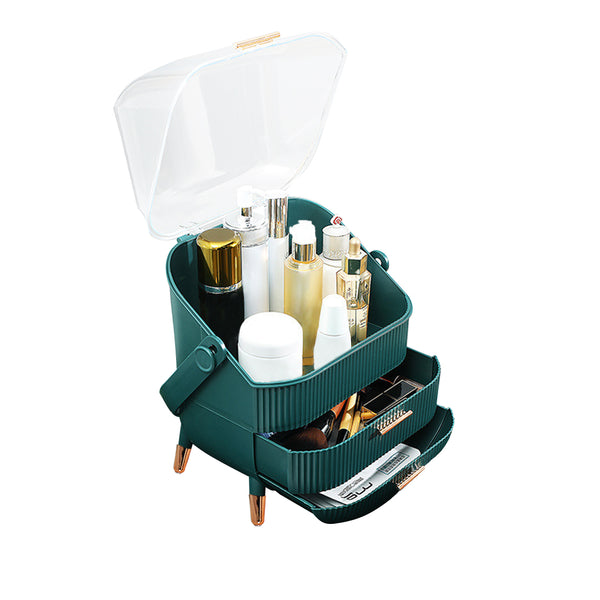 29cm Green Countertop Makeup Cosmetic Storage Organiser Skincare Holder Jewelry Storage Box with Handle