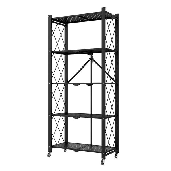 5 Tier Steel Black Foldable Kitchen Cart Multi-Functional Shelves Portable Storage Organizer with Wheels