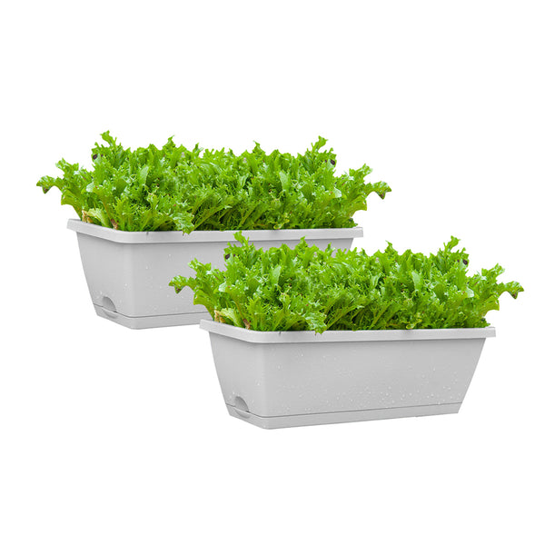 49.5cm White Rectangular Planter Vegetable Herb Flower Outdoor Plastic Box with Holder Balcony Garden Decor Set of 2