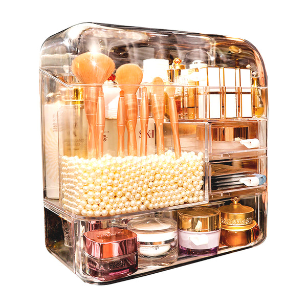 Transparent Cosmetic Storage Box Clear Makeup Skincare Holder with Lid Drawers Waterproof  Dustproof Organiser with Pearls
