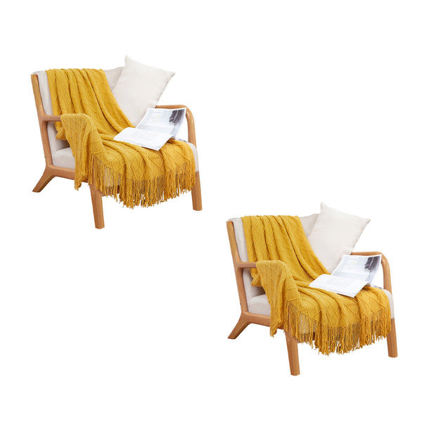 2X Yellow Diamond Pattern Knitted Throw Blanket Warm Cozy Woven Cover Couch Bed Sofa Home Decor with Tassels
