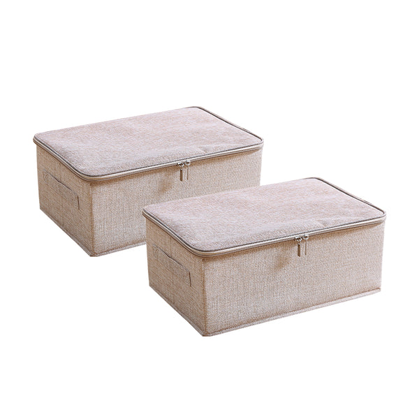 2X Beige Small Portable Double Zipper Storage Box Moisture Proof Clothes Basket Foldable Home Organiser