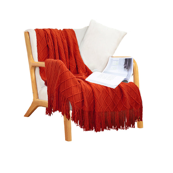 Red Diamond Pattern Knitted Throw Blanket Warm Cozy Woven Cover Couch Bed Sofa Home Decor with Tassels