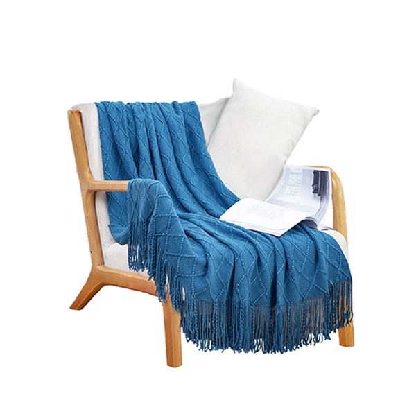Blue Diamond Pattern Knitted Throw Blanket Warm Cozy Woven Cover Couch Bed Sofa Home Decor with Tassels