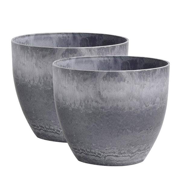 2X 32cm Weathered Grey Round Resin Plant Flower Pot in Cement Pattern Planter Cachepot for Indoor Home Office