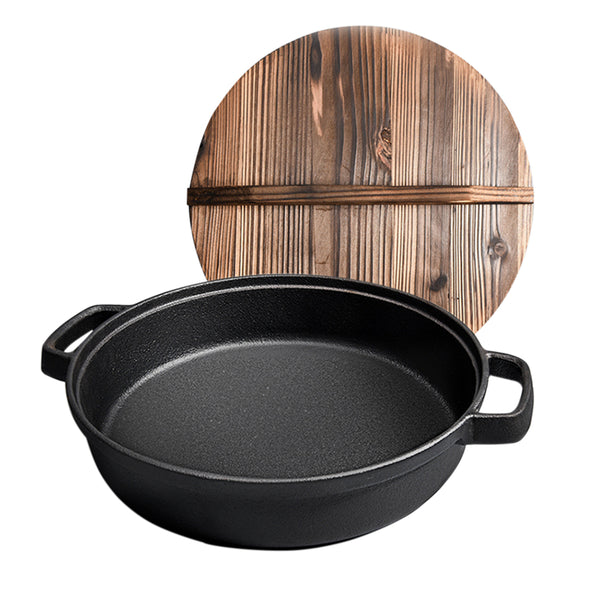 35cm Round Cast Iron Pre-seasoned Deep Baking Pizza Frying Pan Skillet with Wooden Lid