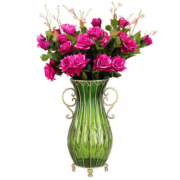 51cm Green Glass Tall Floor Vase with 12pcs Artificial Fake Flower Set